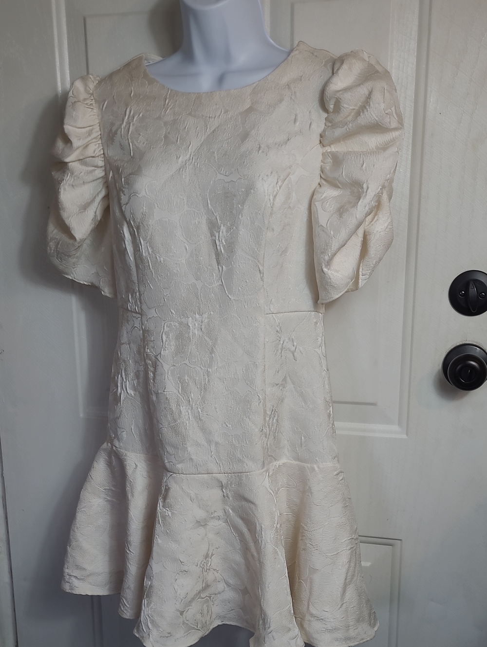 Ivory Textured Puff-Sleeve Mini Dress